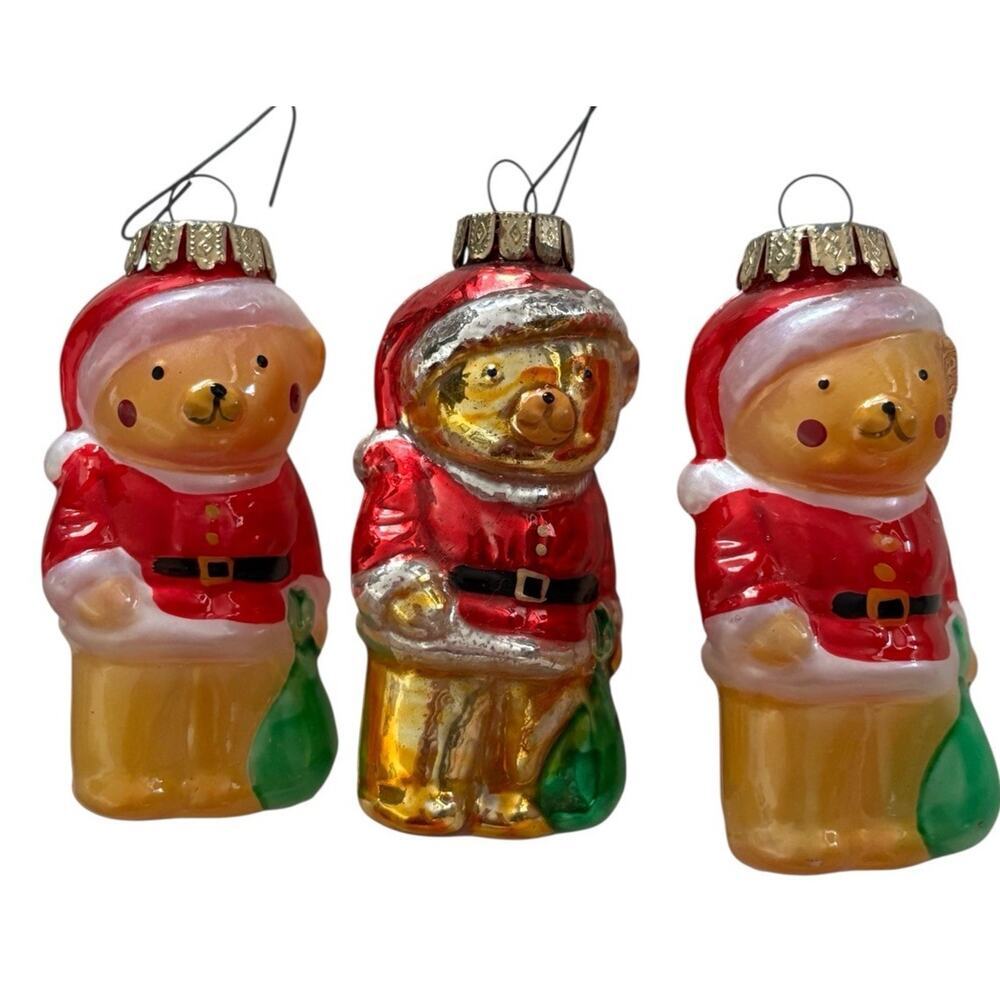 Christmas Ornament Glass 3 Teddy Bears Santa 3 1/2" Tall Vintage Holiday